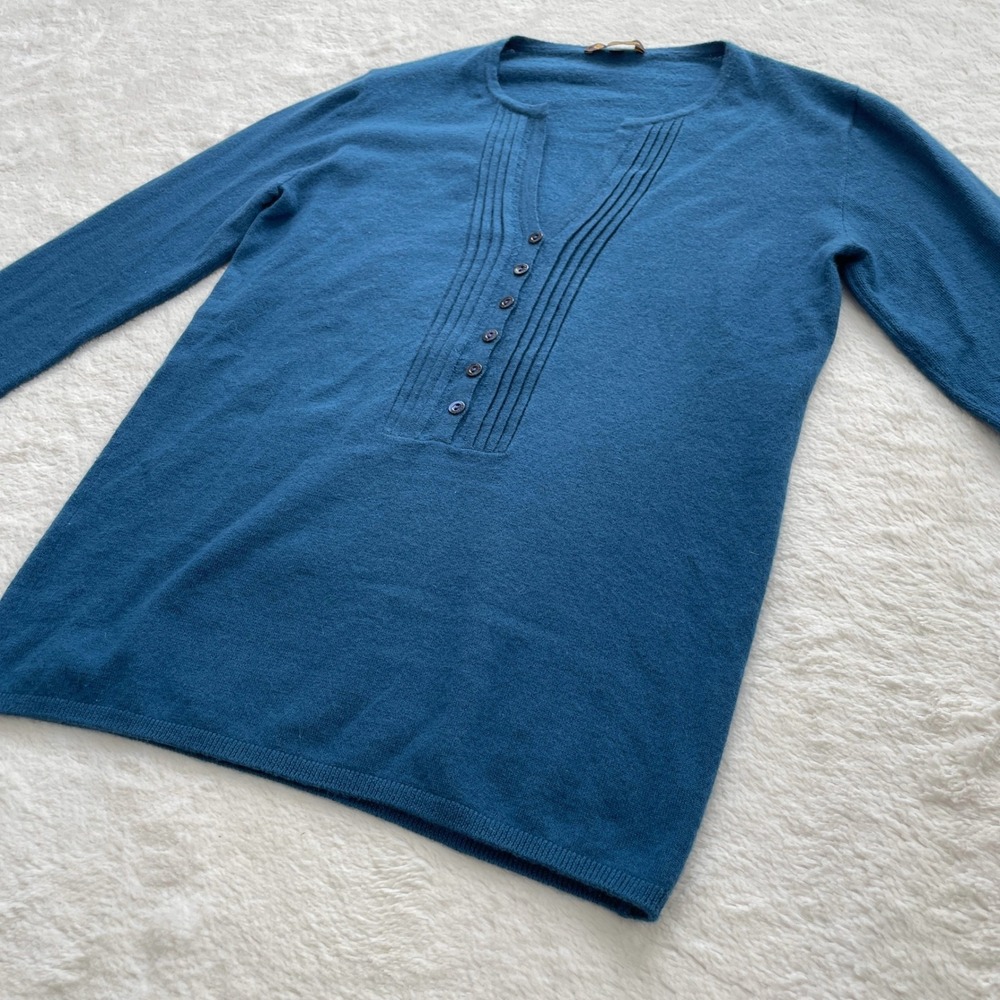 Loro Piana Cashmere Blend Pintuck Henley Sweater Made in Italy Teal Blue Size 44 - Picture 4 of 12